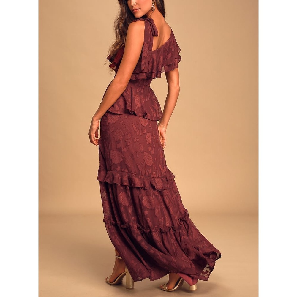 Lulu’s Wine One-Shoulder Ruffled Tiered Maxi Dress - Picture 4 of 5